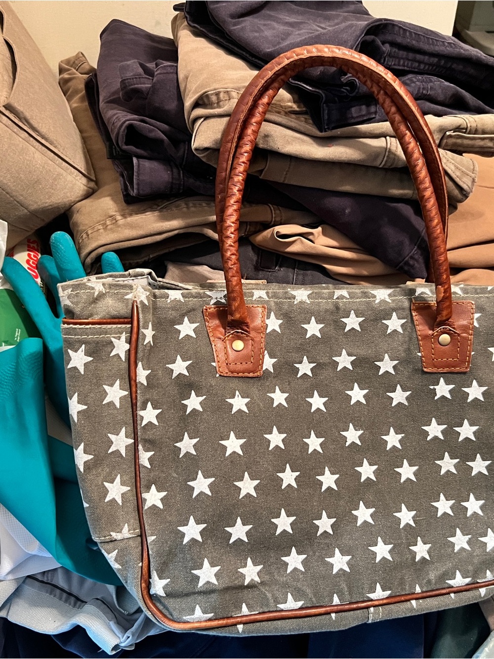Myra Bag Gray Star-Print Canvas Tote with Brown Leather Handles